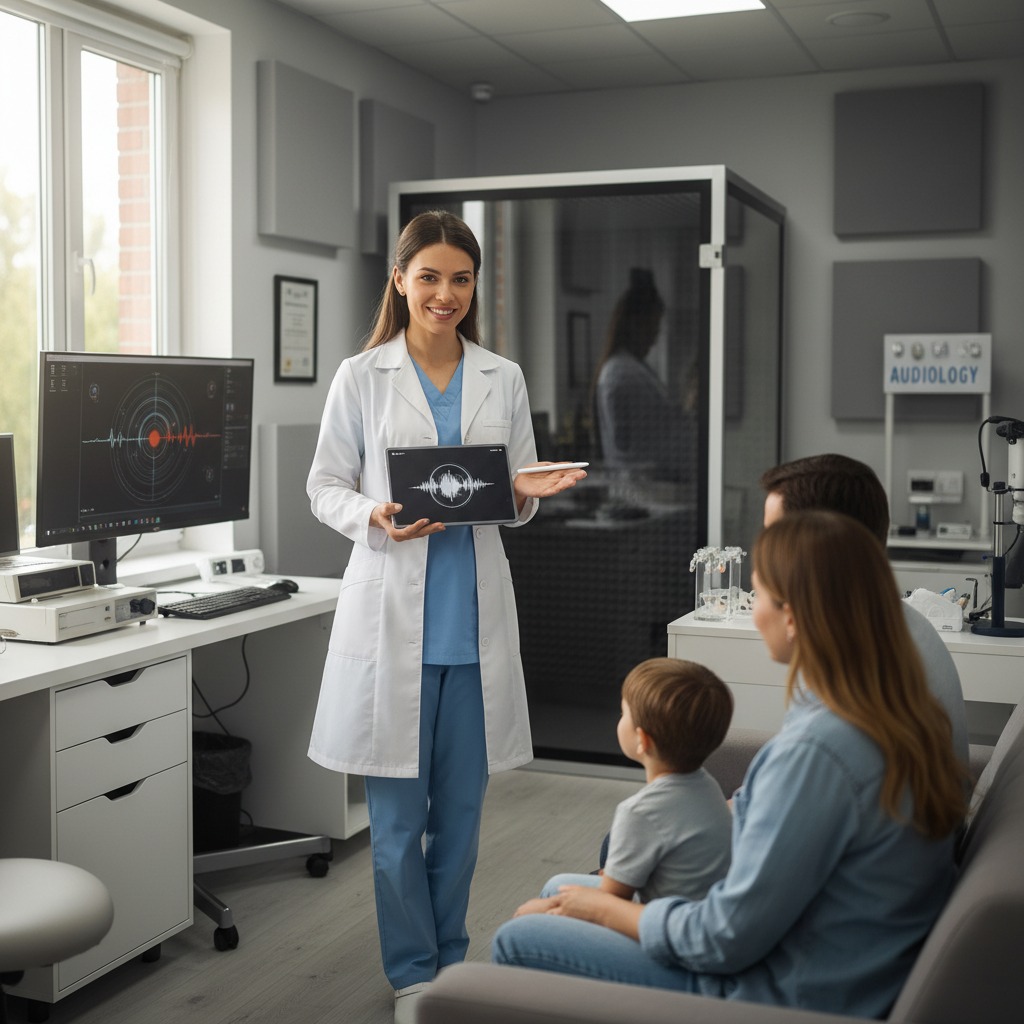Uma médica fonoaudióloga sorri em seu consultório enquanto segura um tablet com um gráfico de ondas sonoras, exibindo-o para uma família com uma criança.
